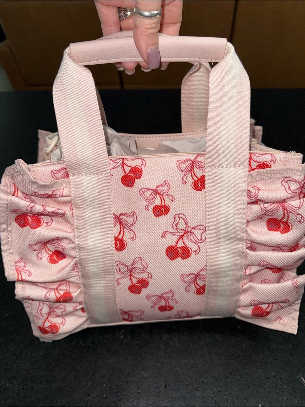 NEW LUV BETSEY JOHNSON Pink Red Cherry RUFFLE TOP HANDLE crossbody pompom Bag - Picture 4 of 16